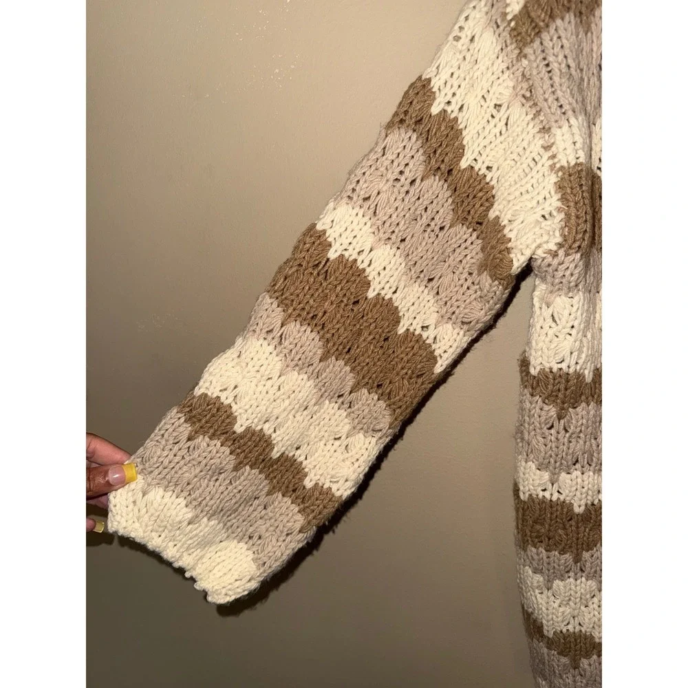 Altar'd State Stripe Chunky Knit Cardigan Brown Tan Cream Boho Oversized S Layer